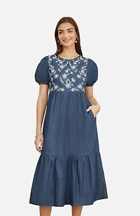 Yumi Women's Floral Embroidered Puff Sleeve Dress