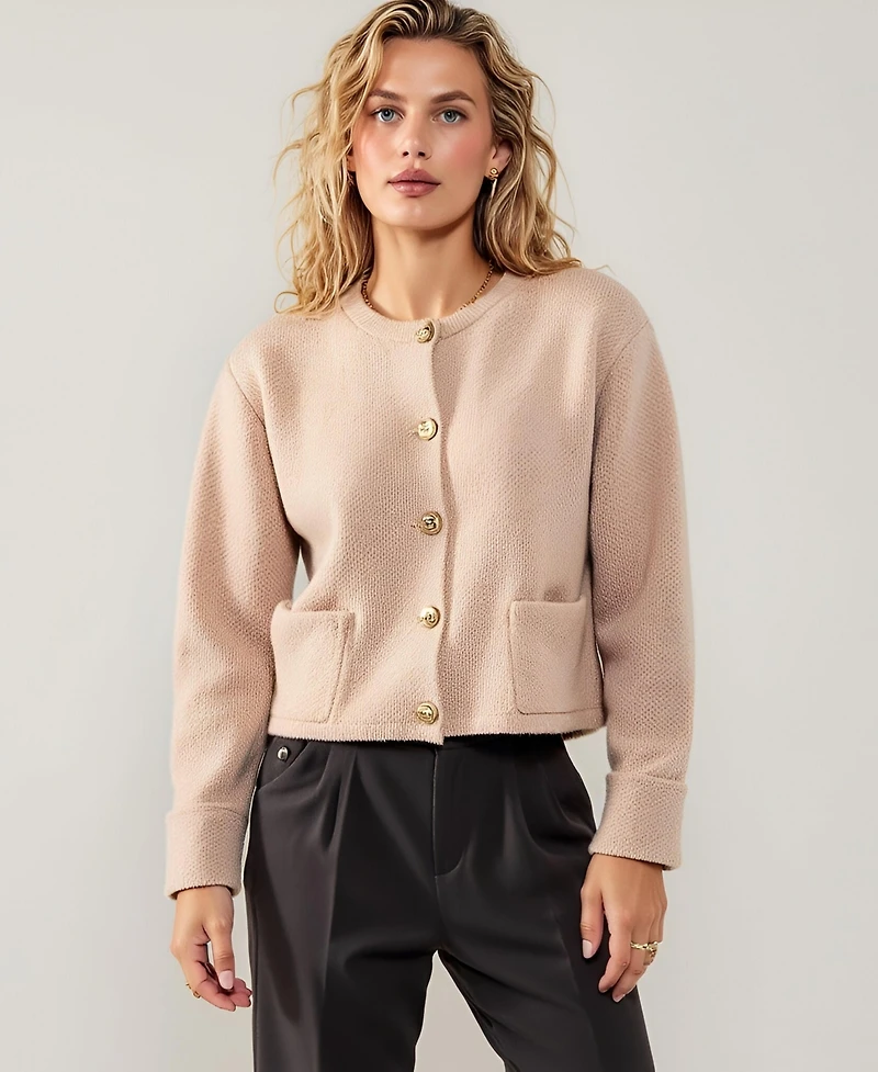 Modenaire Women's Crewneck Textured Knit Button-Front Cardigan