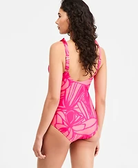 Dkny Ruffle Plunge Underwire Tummy Control One-Piece Swimsuit, Created for Macy's