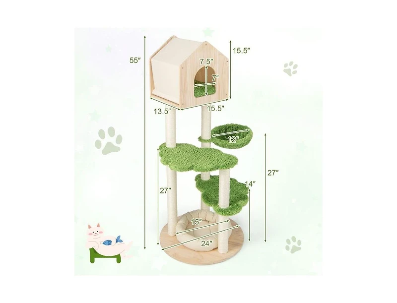 Aostirmotor 55" Indoor Cat Tree with Sisal Scratching Posts & Cozy Cat Bed, Climbing Stand for Kittens