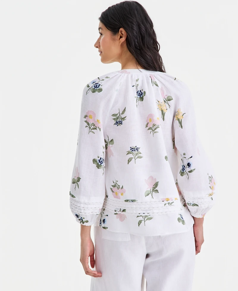 Charter Club Women's 100% Linen Crochet-Trim Tie-Neck Top, Macy's Exclusive