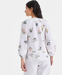 Charter Club Women's 100% Linen Crochet-Trim Tie-Neck Top, Macy's Exclusive