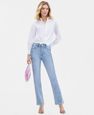 I.n.c. International Concepts Women's High-Rise Lace-Up Straight Ankle Jeans, Macy's Exclusive