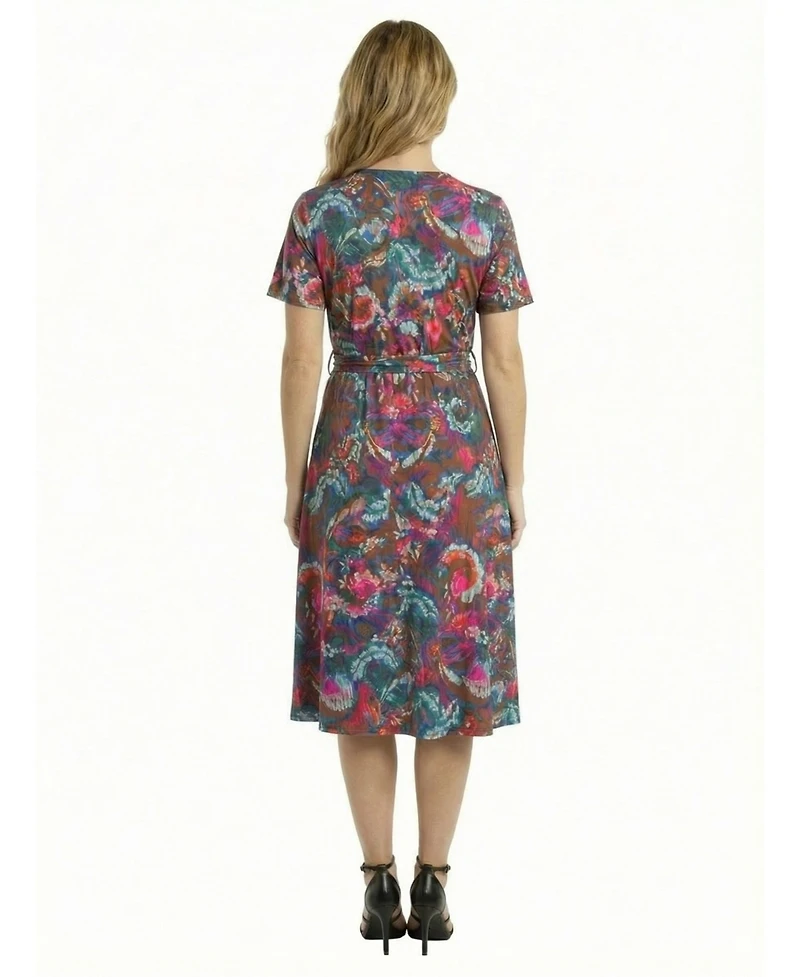 24seven Comfort Apparel Petite Paisley Print Short-Sleeve Tie Waist Dress