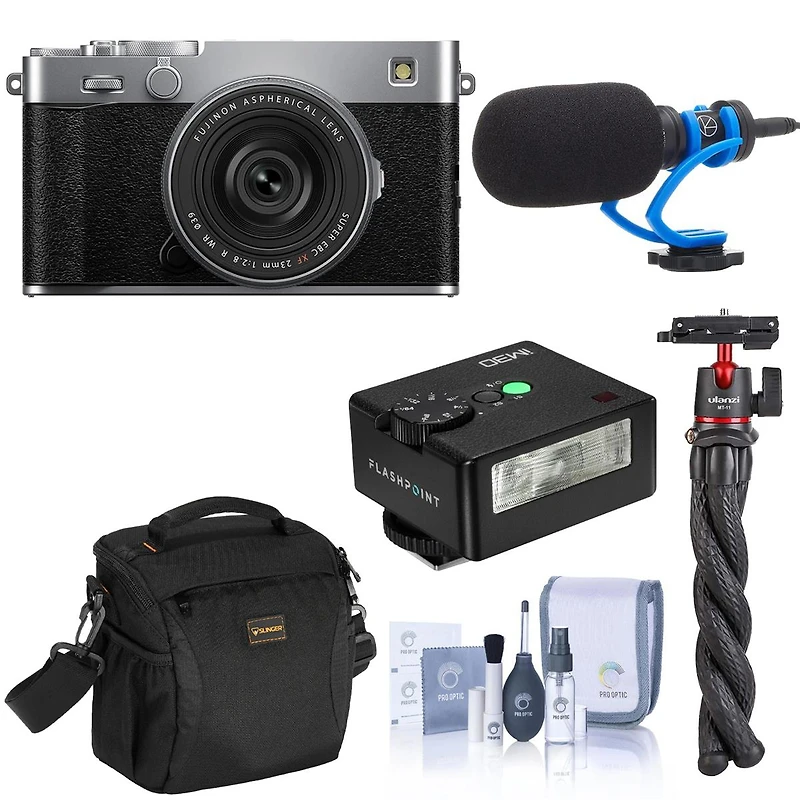 Fujifilm X-E5 Mirrorless Camera with Xf 23mm f/2.8 R Wr Lens, Silver, Bundle with TASC300 Microphone, Mt-11 Tripod, iM30 Mini Flash, Shoulder Bag and