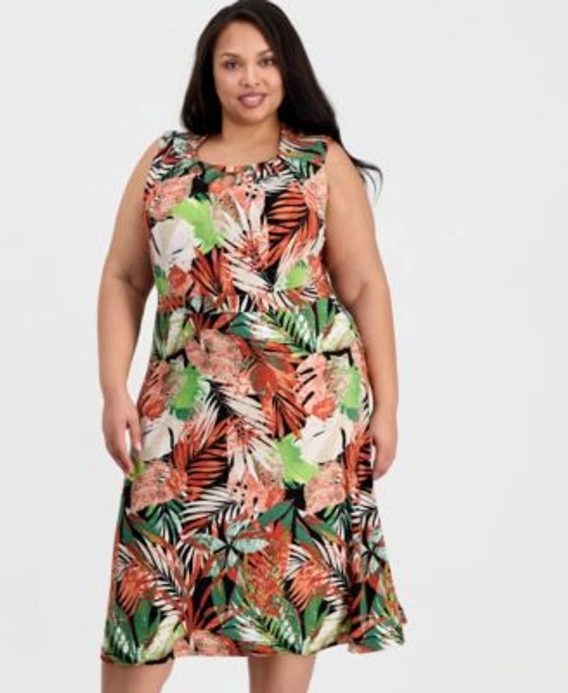 Kasper Plus Size Printed Pleat Neck Sleeveless Top Pull On Flare Midi Skirt