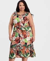 Kasper Plus Size Printed Pleat Neck Sleeveless Top Pull On Flare Midi Skirt