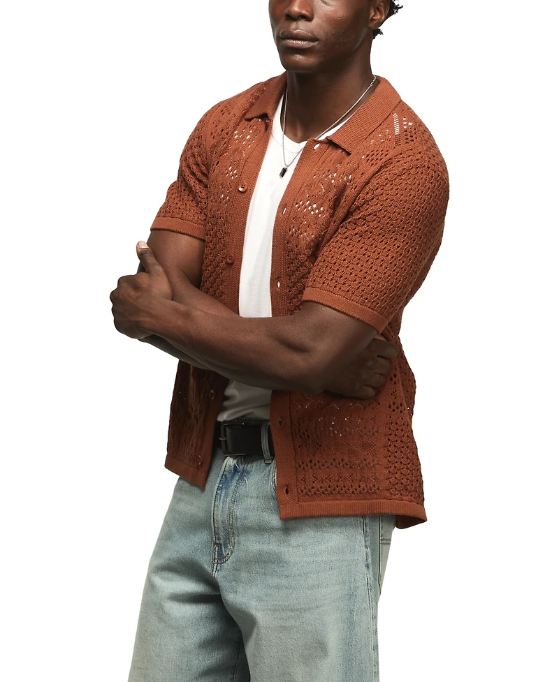 Lucky Brand Men's Granny Square Button-Down Sweater