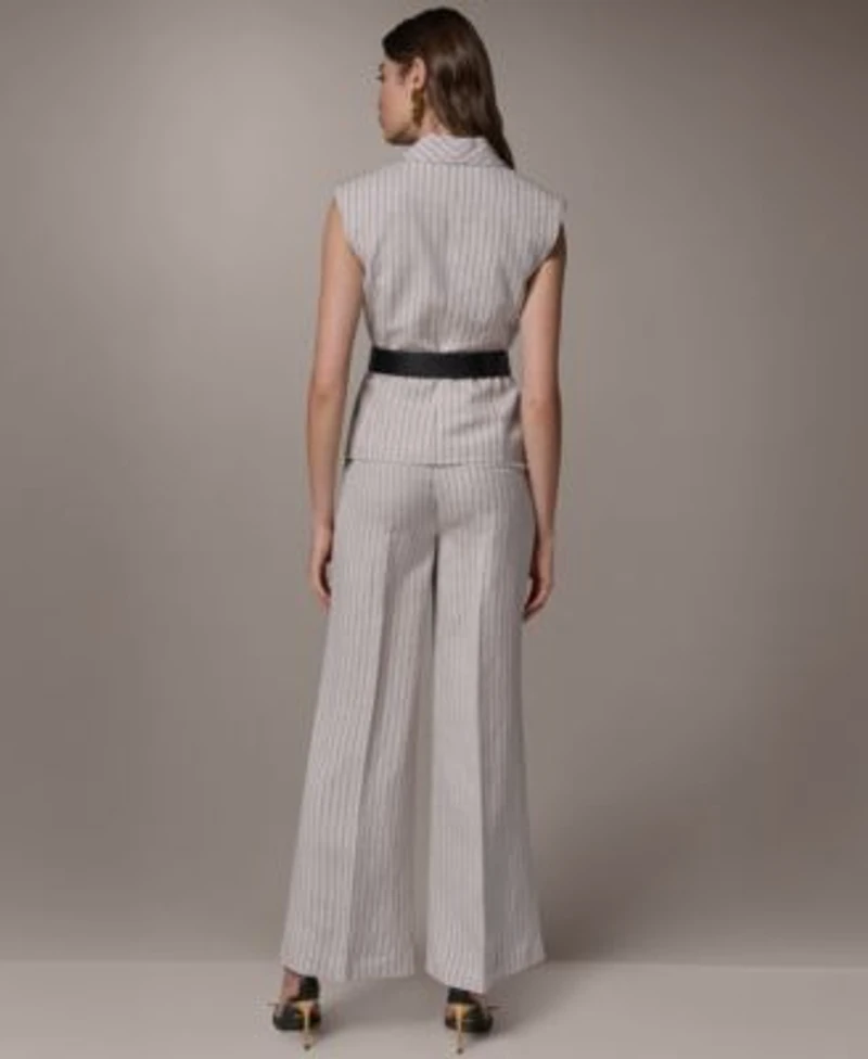 Donna Karan New York Womens Sleeveless Pinstripe Belted Vest High Waist Wide Leg Pants