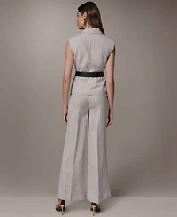 Donna Karan New York Womens Sleeveless Pinstripe Belted Vest High Waist Wide Leg Pants