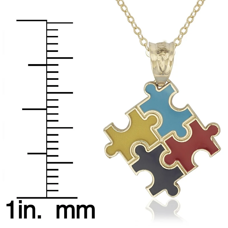 Curata Jewelry 14K Gold 18" Autism Awareness Enamel Puzzle Pendant Necklace