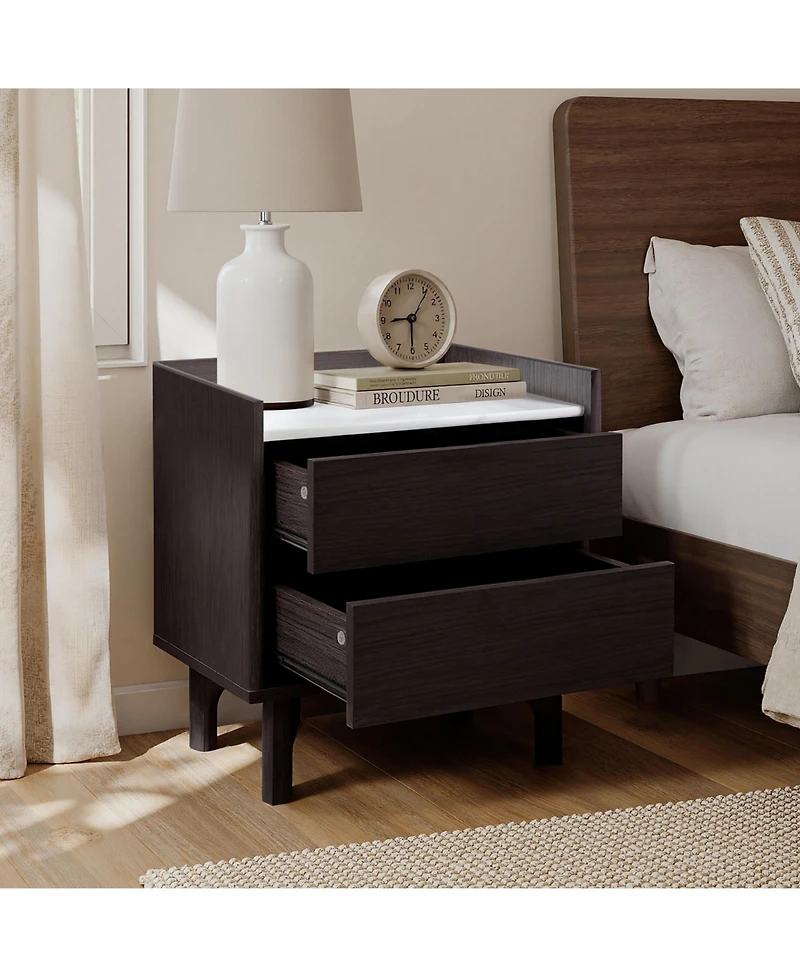 LuxenHome Modern Nightstand with Faux Marble Top, Bediside Table with Drawer
