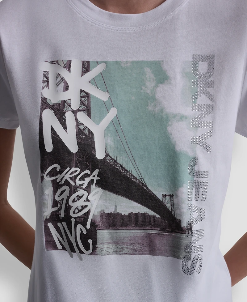 Dkny Jeans Women's Rhinestone Graffiti Logo Crew Neck T-Shirt