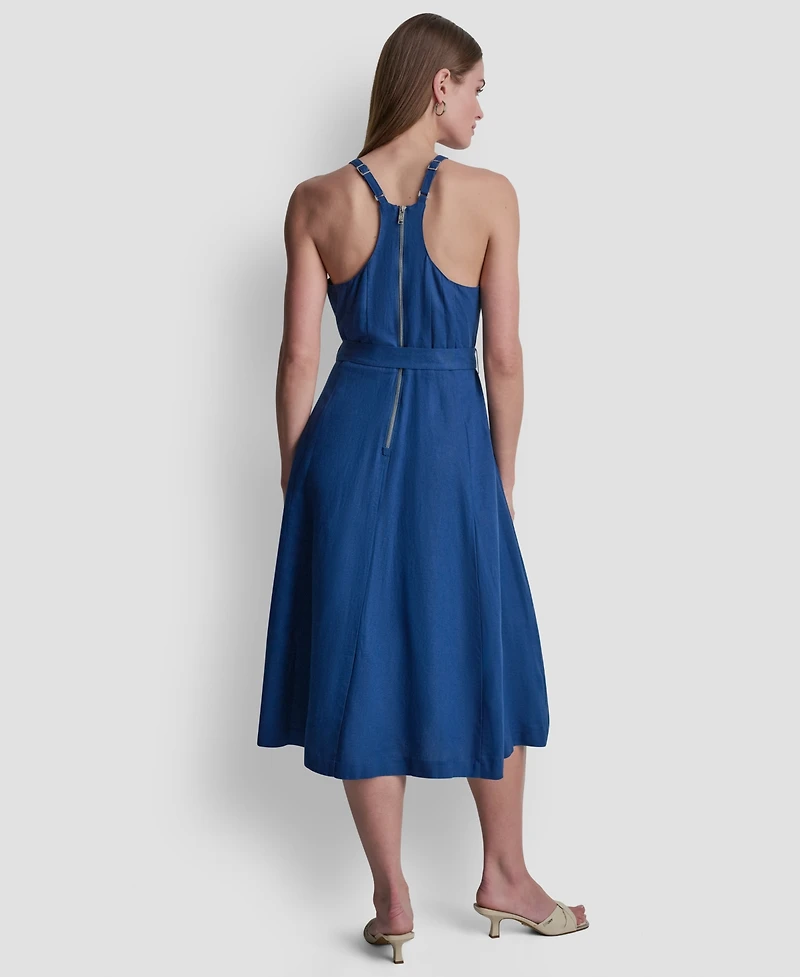 Dkny Women's Sleeveless Crew Neck Belted Midi Dress