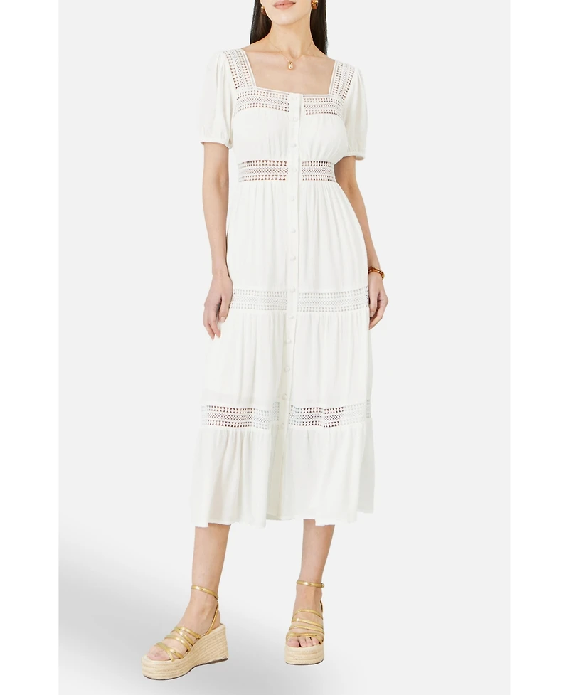 Yumi Women's Cotton Square Neckline Lace Midi Dress