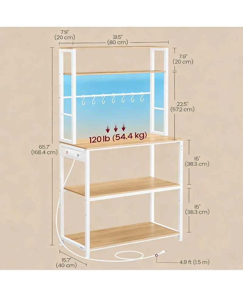 Yigii Coffee Bar with Led Lights, Power Strip, Adjustable Shelves, 8 Hooks