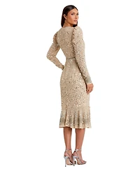 Mac Duggal Women's Pleated High Neck Raglan Long Sleeve Side Slit Gown