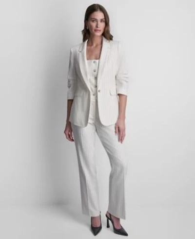 Dkny Womens Pinstripe One Button Notch Collar Jacket Sleeveless Pinstripe Button Front Vest Pinstripe Flared Fit Pants