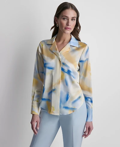 Dkny Women's Printed Long-Sleeve Covered Placket Top