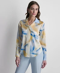 Dkny Women's Printed Long-Sleeve Covered Placket Top