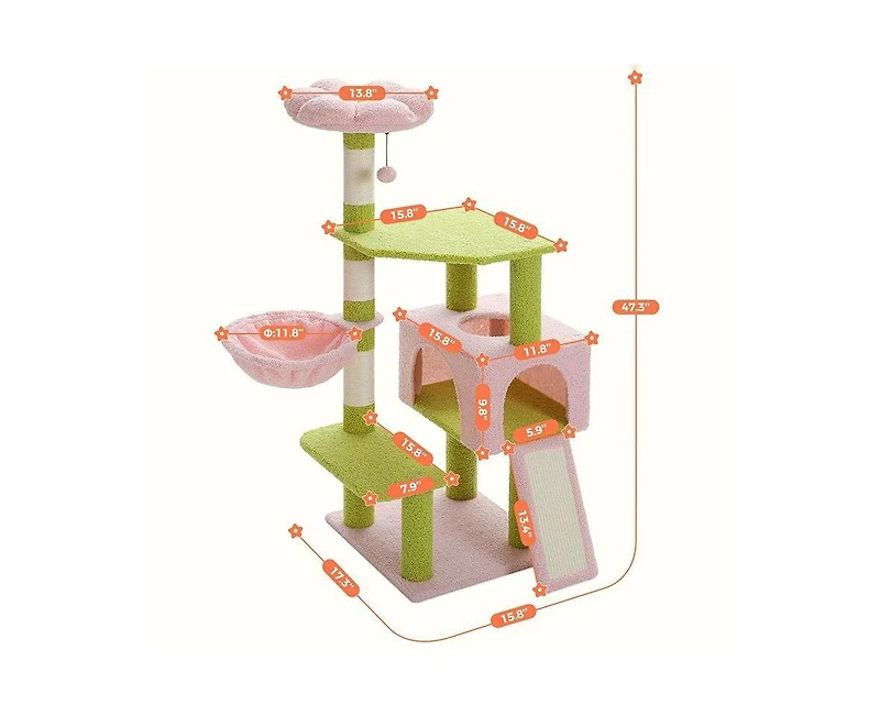 Aostirmotor 47.2" Cat Tree with Sisal-Covered Scratching Posts, Multi-Level Climbing Tower for Indoor Cats