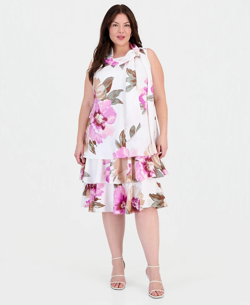 Robbie Bee Plus Printed Bow-Neck Chiffon Trapeze Dress