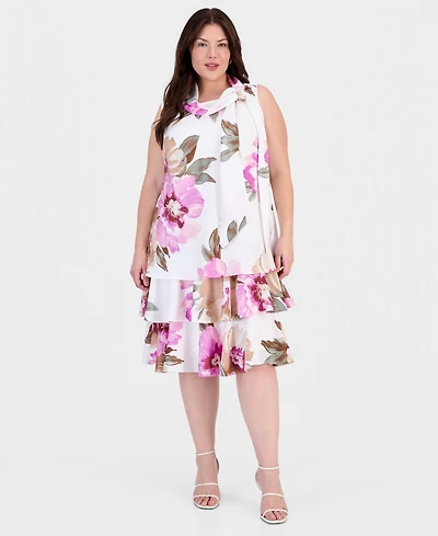 Robbie Bee Plus Printed Bow-Neck Chiffon Trapeze Dress