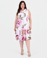 Robbie Bee Plus Printed Bow-Neck Chiffon Trapeze Dress