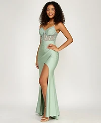 B Darlin Juniors' Strappy Sequinned-Lace Illusion-Corset Maxi Dress