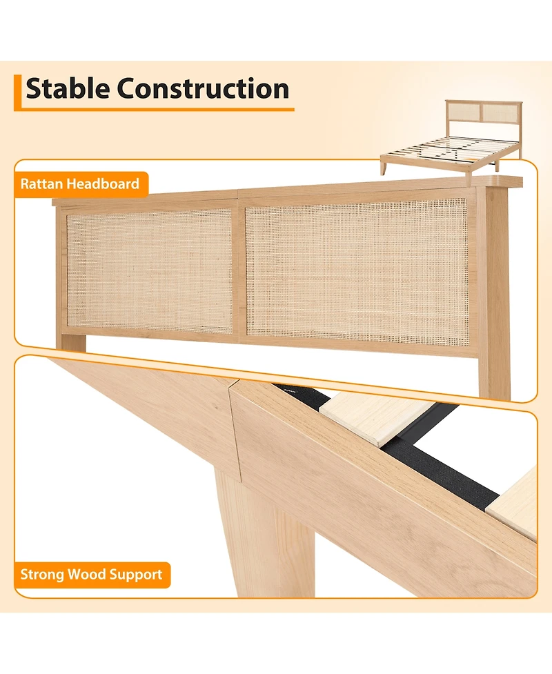 Gaomon Boho Bed Frame, Rattan Headboard Bed Frame With Led Lights, Noise-Free Platform Light Wood Bed Frame
