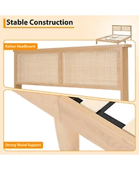 Gaomon Boho Bed Frame, Rattan Headboard Bed Frame With Led Lights, Noise-Free Platform Light Wood Bed Frame