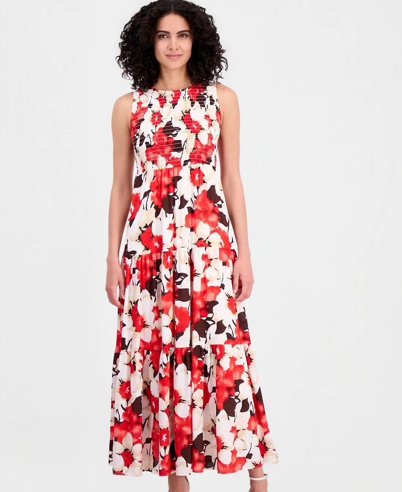 Anne Klein Petite Smocked Bodice Sleeveless Maxi Tier Dress