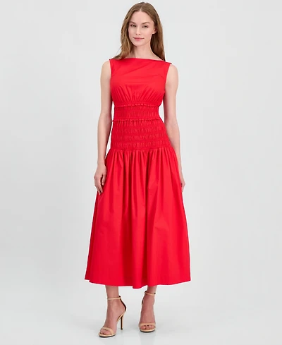 Anne Klein Petite Smocked Boat Neck Midi Dress