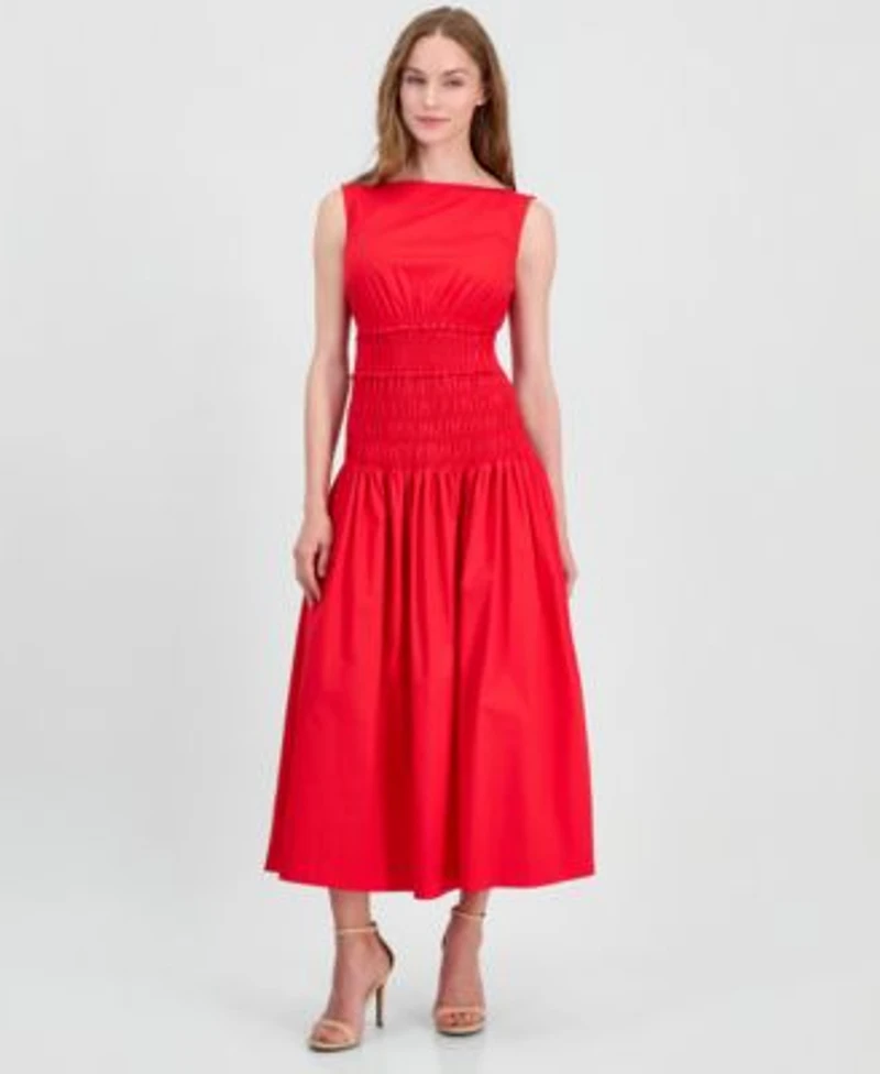 Anne Klein Womens Jewel Neck Smocked Midi Dress