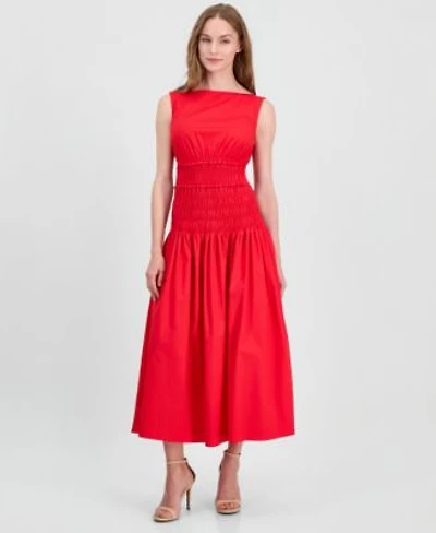 Anne Klein Womens Jewel Neck Smocked Midi Dress