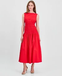 Anne Klein Womens Jewel Neck Smocked Midi Dress