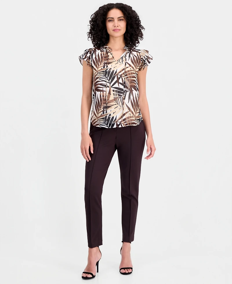 Anne Klein Women's Palm-Print Flutter-Sleeve Split-Neck Top