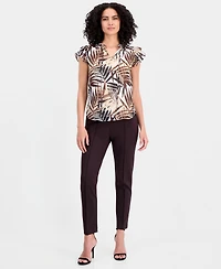 Anne Klein Women's Palm-Print Flutter-Sleeve Split-Neck Top