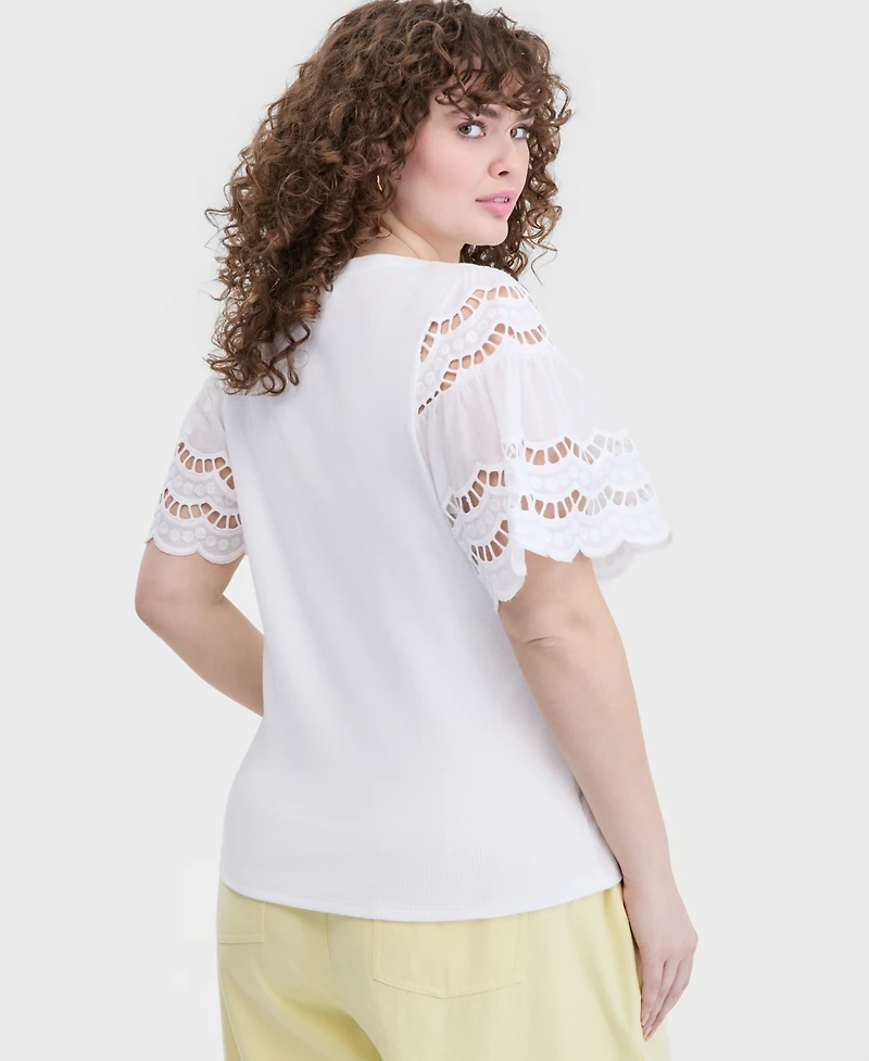 On 34th Trendy Plus Eyelet Puff-Sleeve Rib-Knit Top, Macy's Exclusive