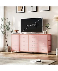 gaomon 63" W Long Fabric Dresser Tv Stand with 14 Drawers and Power Outlets, for 65–75 Inch TVs