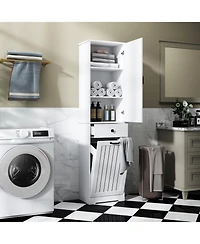 Rainsken Tall Bathroom Storage Cabinet, Tilt Out Laundry Hamper Cabinet with Adjustable Three-Layer Shelves, 1 Drawer, 1 Tilt Out Baskets for Bathroom