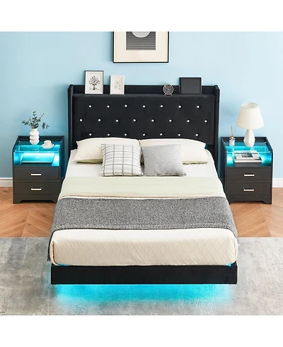 gaomon Bed Frame with Led Lights,Floating Bed Frame with Storage,Velvet Upholstered Headboard with Wingback