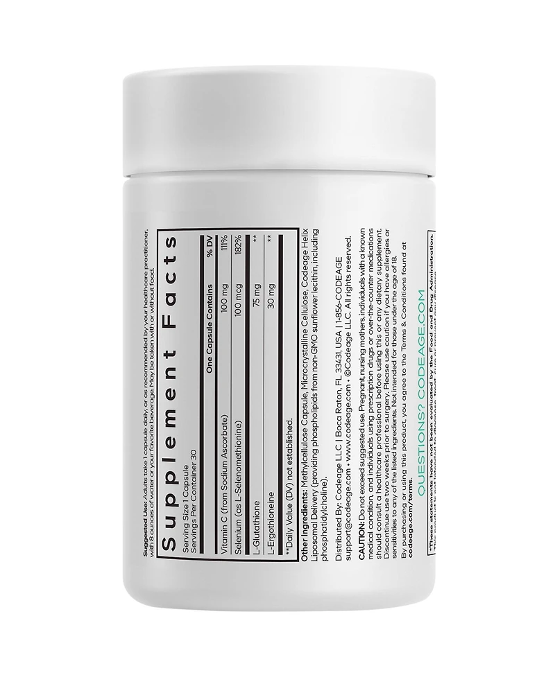 Codeage Liposomal Ergothioneine+, L-Glutathione, Vitamin C, Selenium, Antioxidant Support, 30 Capsules