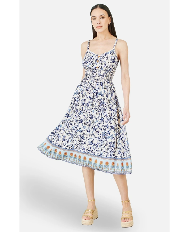 Yumi Women's Floral Border Print Midi Sun Dress