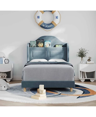 gaomon Upholstered Velvet Cute Platform Bed with Wingback,Storage Bookcase Headboard & Led Lights