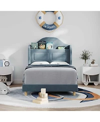 gaomon Upholstered Velvet Cute Platform Bed with Wingback,Storage Bookcase Headboard & Led Lights
