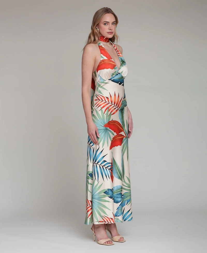Avec Les Filles Women's Printed Halter Scarf-Tie Maxi Dress