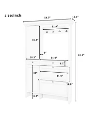 Rainsken 54.7'' Hall Tree, 4-in-1 Mdf Entryway Coat Rack with 4 Hooks, Shoe Cabinet and Mirrored Cabinet for Entrance, Living Room