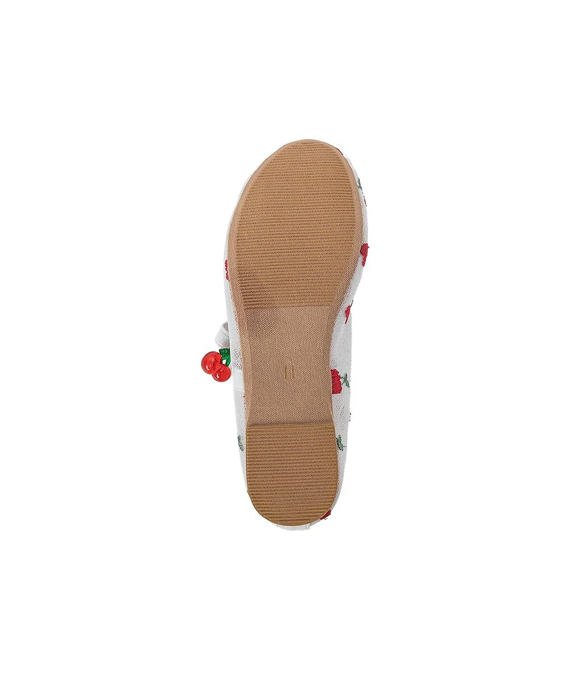 Bebe Girl's Mesh Ballet Mary Jane Shoes - Comfortable Dress Flats with Embroidered Cherry Accents