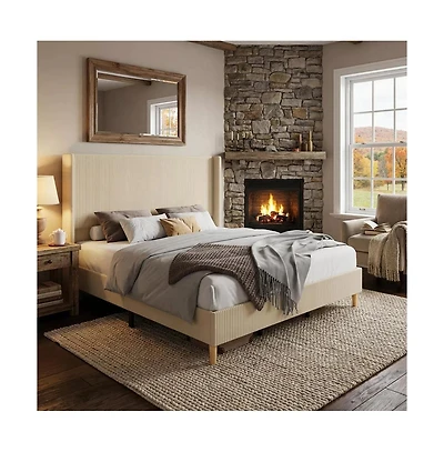 gaomon Wingback Bedframe, Corduroy Upholstered Bed Frame, No Box Spring Needed